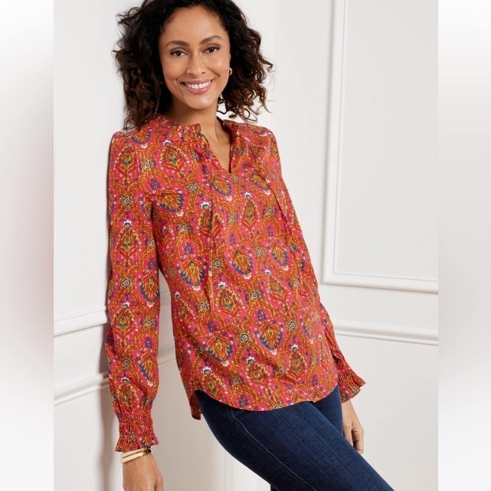 Talbots Ruffle Neck Floral Lattice Bright Berry Popover Blouse XSmall